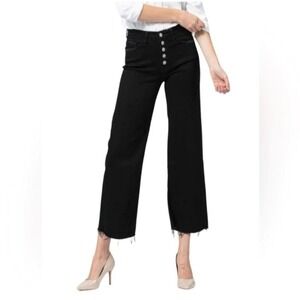 Vervet by Flying Monkey Black Flare Leg Cropped Raw Hem Button Fly Jeans (26)